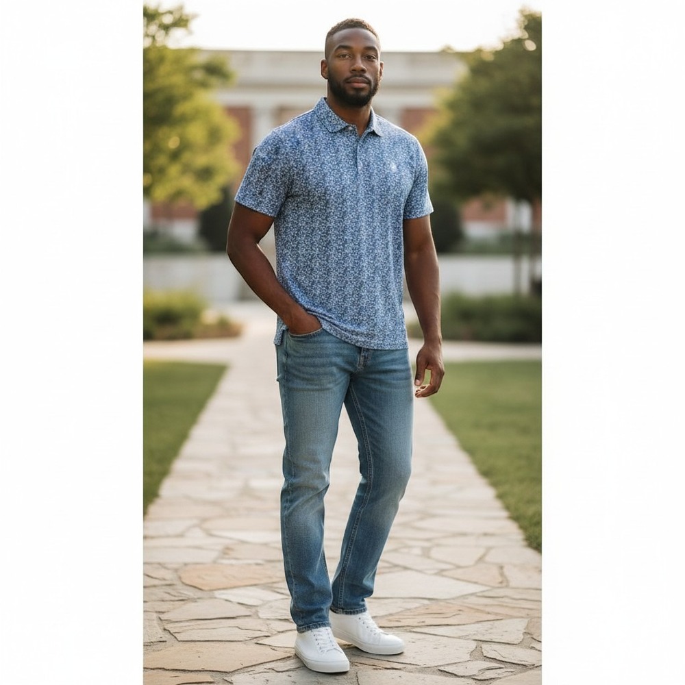 Johnnie-O Aiden All Over Floral Polo Shirt Mens XL Lake Blue Golf Short Slv